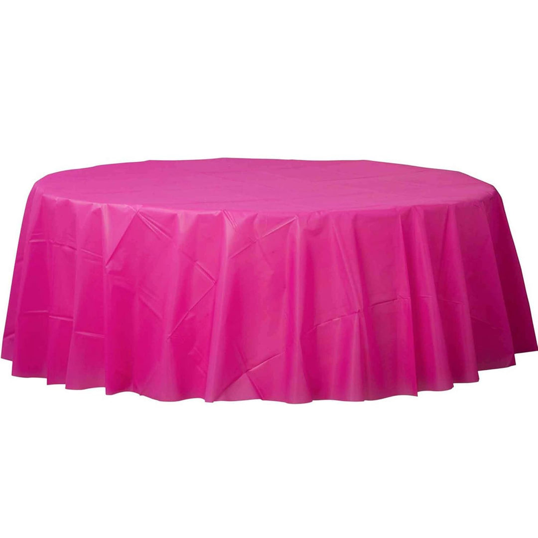 Brighr Pink round plastic table cover 84 inch - PartyExperts