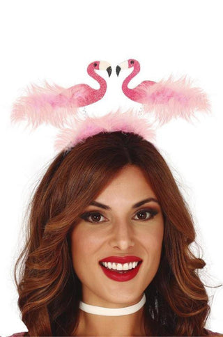 2 FLAMINGOS WITH FEATHERS HAIRBAND - PartyExperts
