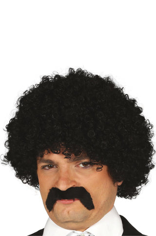 Black Curly Wig with Moustache.
