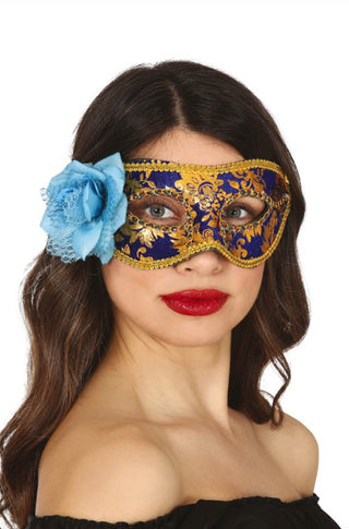 BLUE AND GOLD MASK WITH FLOWER - PartyExperts