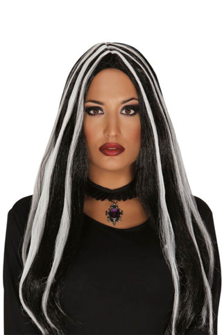 Long Black Wig with White Streaks.