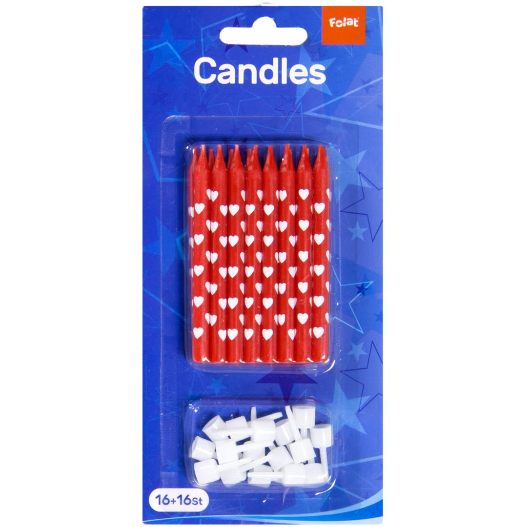 Red Candles with White Hearts - 16 pieces - PartyExperts