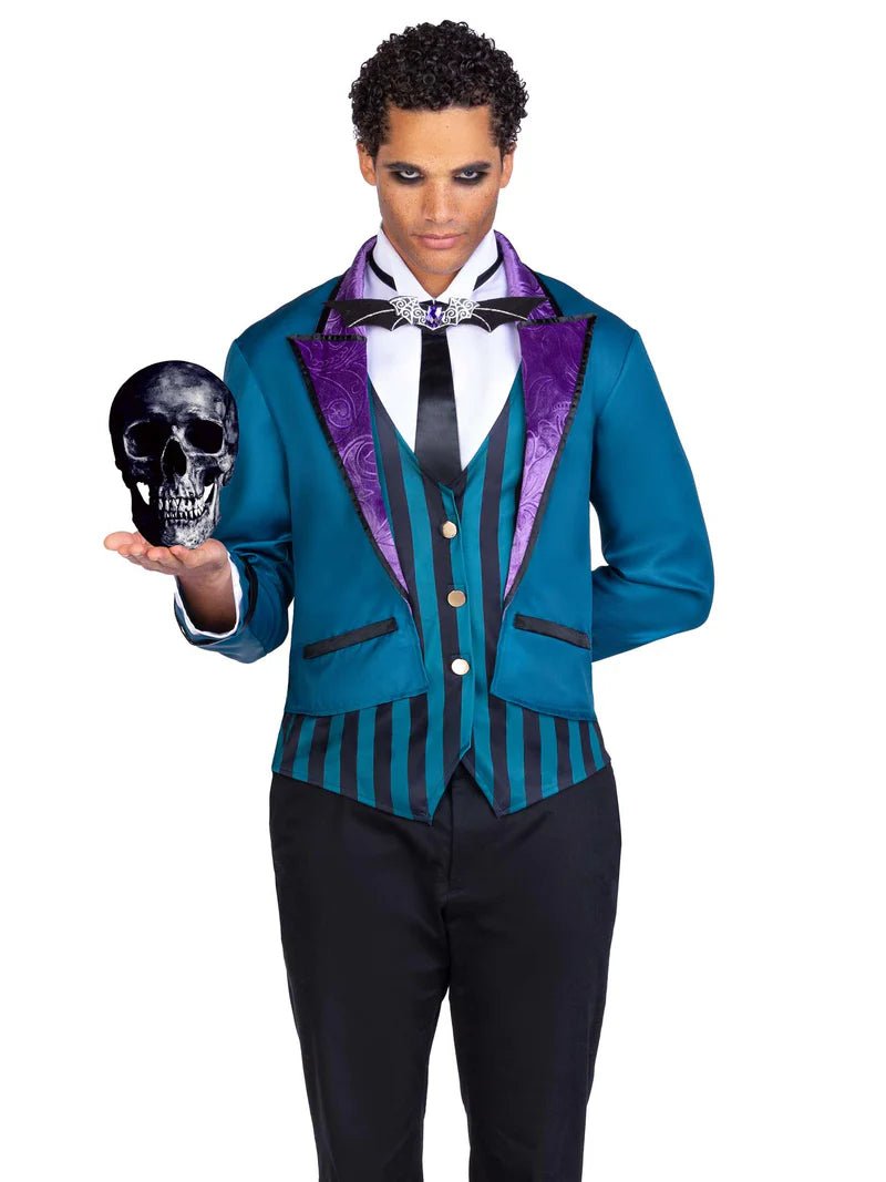 2 PC Victorian Butler, includes striped vest and jacket combo with velvet lapels and dickey with batwing bow tie. - PartyExperts