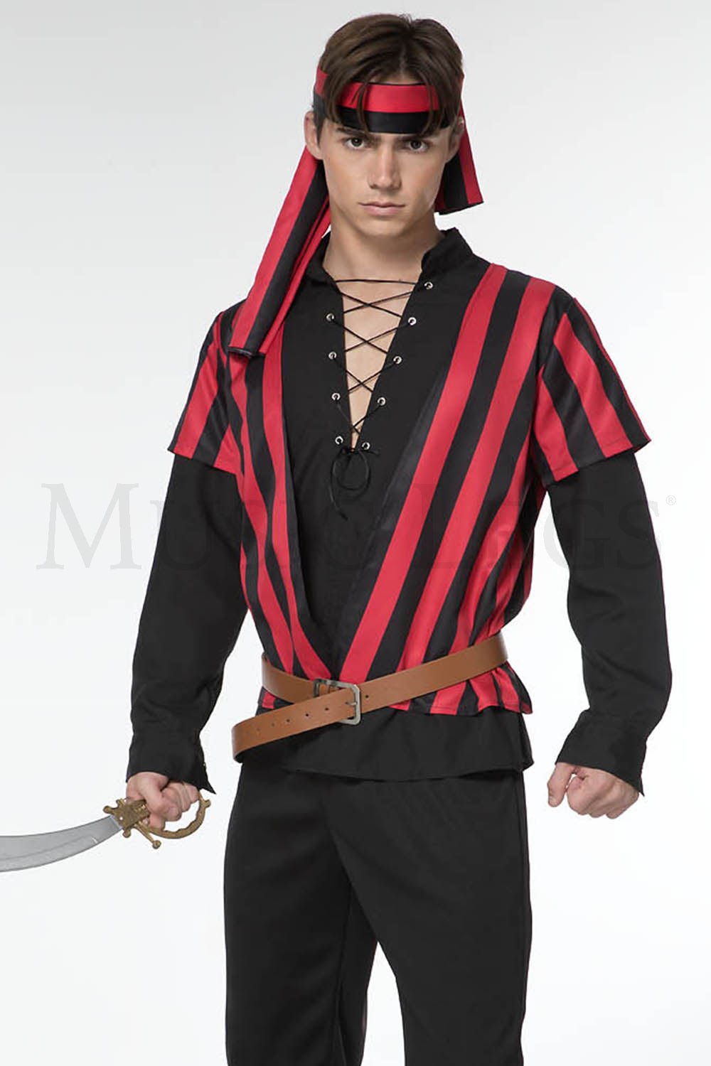 4 PC. includes: Black collared shirt with red and black striped vest, red and black striped bandana, and black pants - PartyExperts