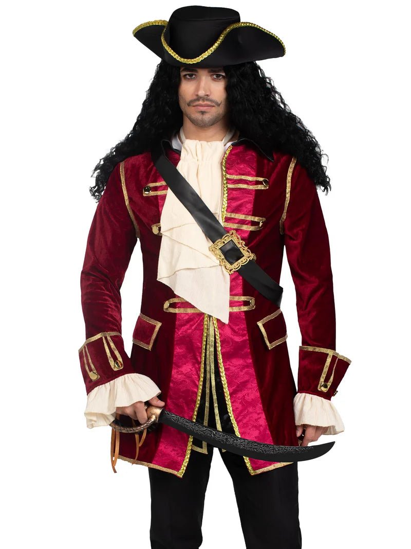 4 PC Pirate Captain, includes gold trimmed velvet coat, jabot neck piece, cross - body belt, and pirate hat. - PartyExperts