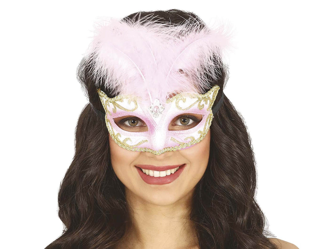 PINK MASK WITH FEATHER - PartyExperts