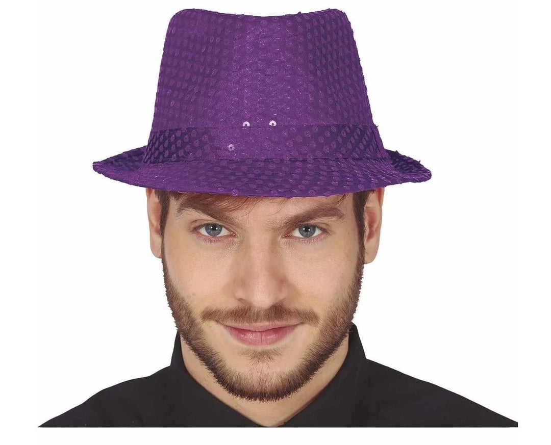 PURPLE SEQUINED GANGSTER HAT - PartyExperts