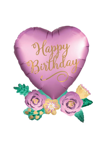 Birthday Satin Heart With Flowers SuperShape Balloon 58x76cm - PartyExperts