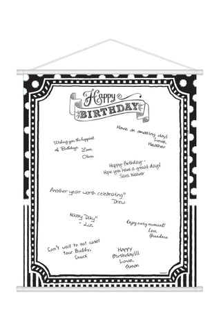 Black And White Happy Birthday Scroll Sign In Sheet - PartyExperts
