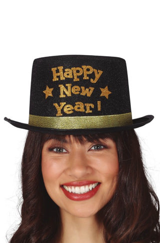 BLACK "HAPPY NEW YEAR" TOP HAT - PartyExperts