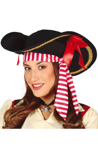 Black Pirate Hat With Red Ribbon - PartyExperts