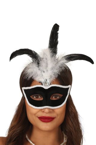 Black Velvet Mask with Black and white Feathers.