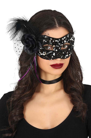 BLACK/SILVER SEQUIN MASK WITH FLOWER - PartyExperts