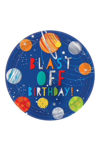 Blast Off Birthday Metallic Paper Plates 10.5in, 8pcs - PartyExperts