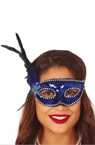 Blue Sequins Mask with Feather.