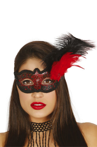 Decorated Red Mask With Feathers.