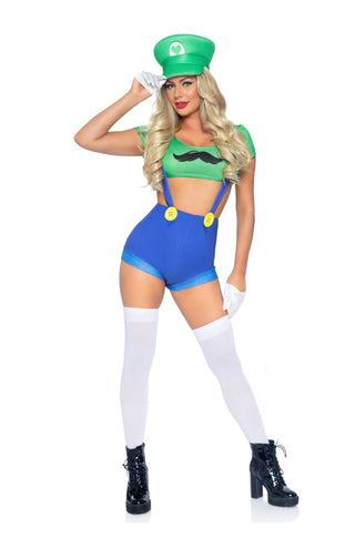 Gamer Babe Sexy Costume With Hat (Green/Blue) - PartyExperts