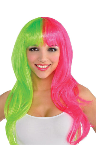 Glamorous Neon Pink & Green Wig - PartyExperts