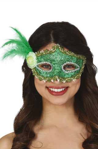 GREEN MASK WITH FEATHER - PartyExperts