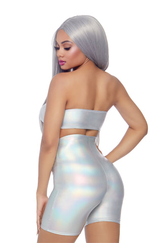 Holographic Bandeau and Shorts Silver Set - PartyExperts