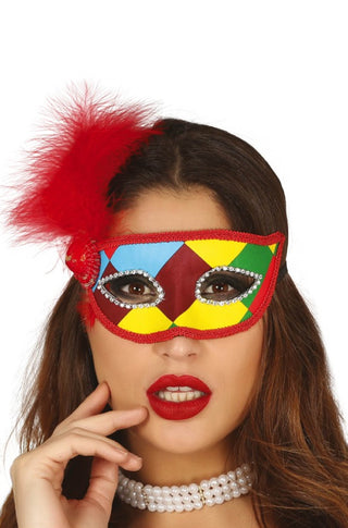 MULTICOLORED ARLEQUIM MASK WITH FEATHER - PartyExperts