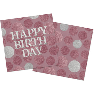 Napkins Glossy Pink 'Happy Birthday' 33x33cm - 20 pieces - PartyExperts