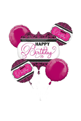 Pink Black & White Birthday Foil Balloon Bouquet 5 Pcs - PartyExperts