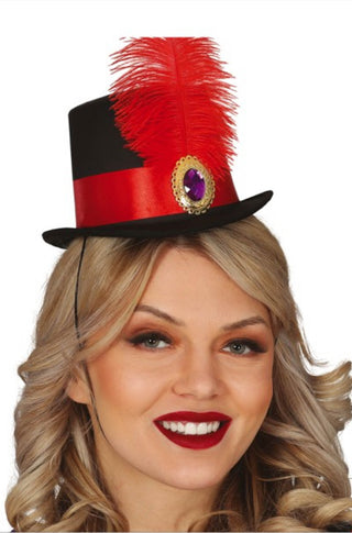 RED FEATHERED MINIHAT TOP HAT - PartyExperts