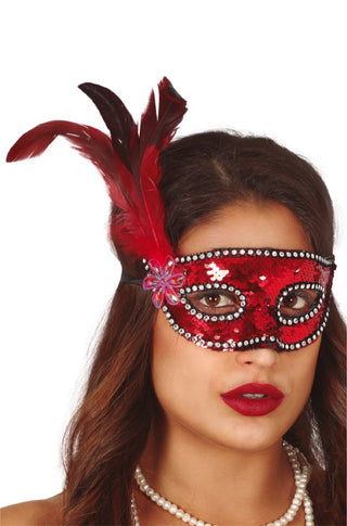 Red Sequin Mask with Feathers.