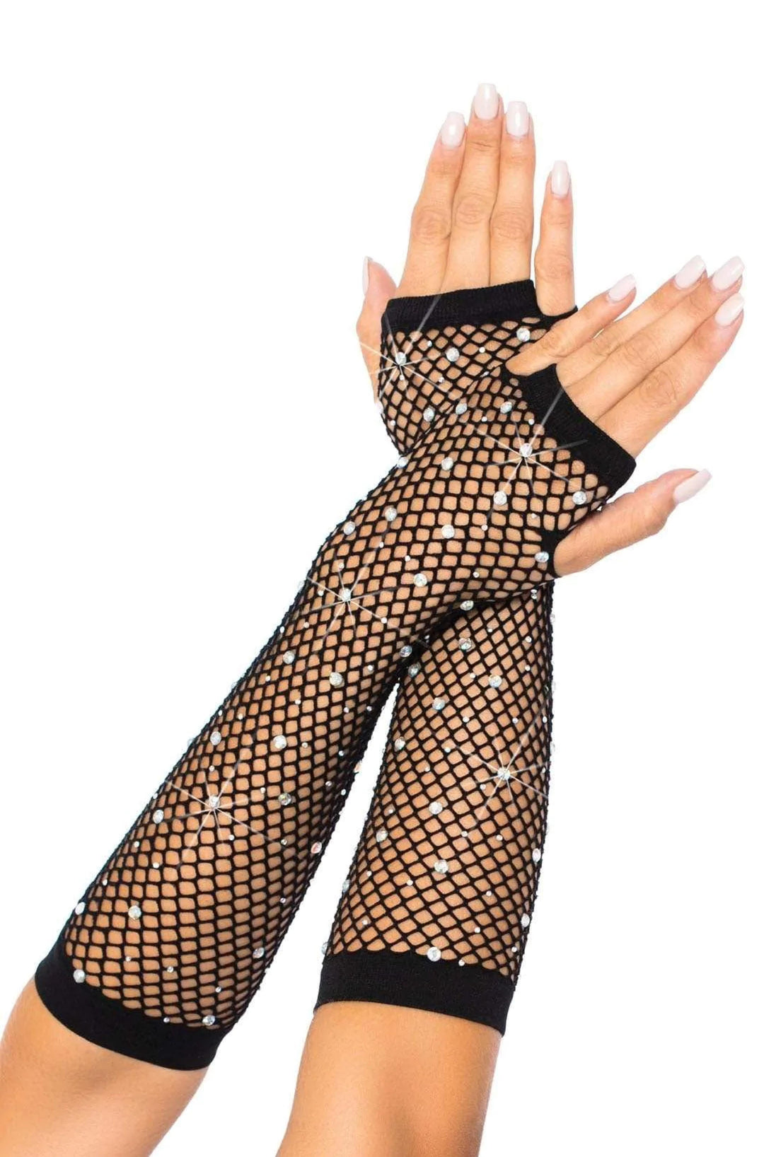Rhinestone Fishnet Arm Warmers Gloves - PartyExperts