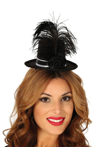 TOP HAT MINI BLACK WITH FEATHERS - PartyExperts