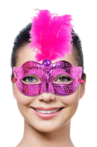 Venetian Mask Magenta with Feathers - PartyExperts