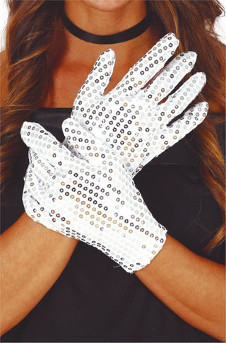 White Sequin Gloves - PartyExperts